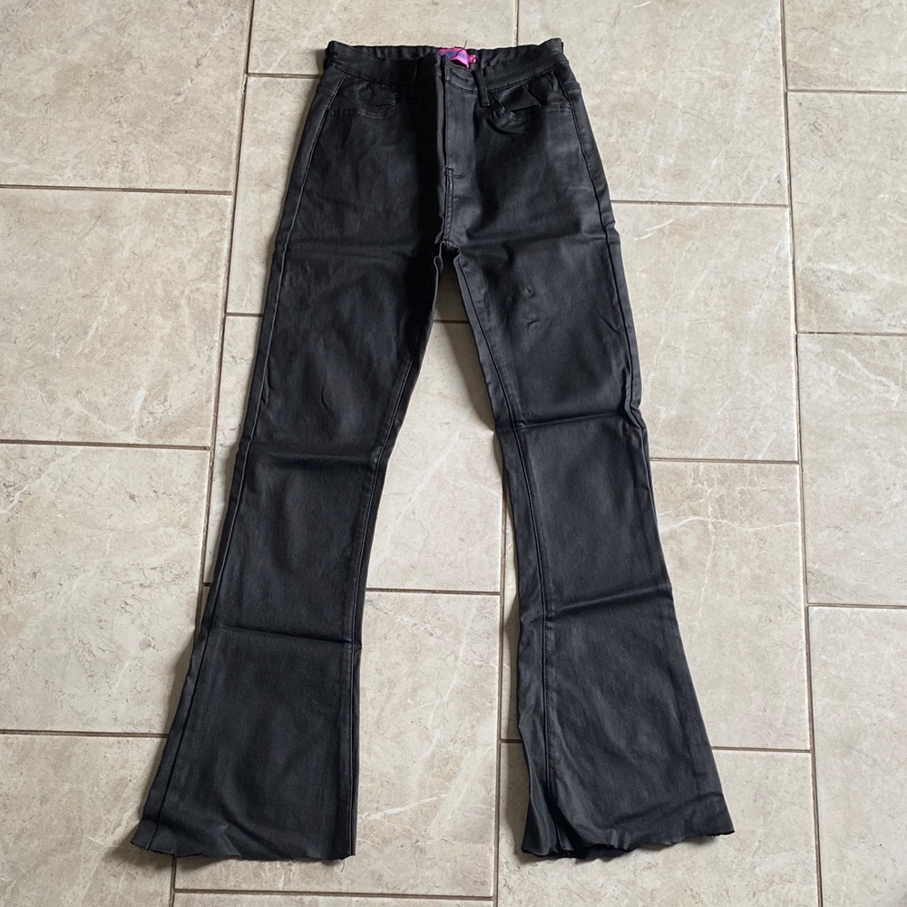 Edikted Black Faux Leather Bellbottom Pants